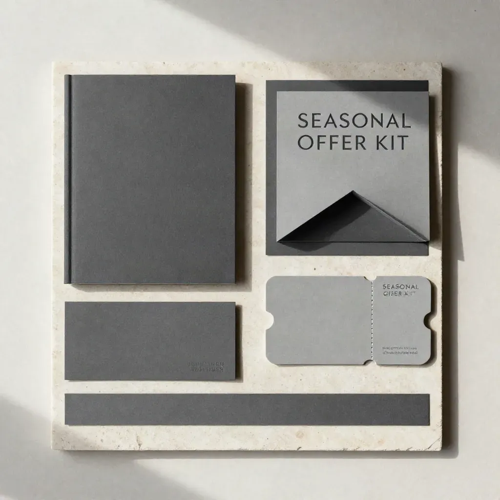 Overhead flatlay of charcoal offer-kit components on stone, arranged in a precise grid