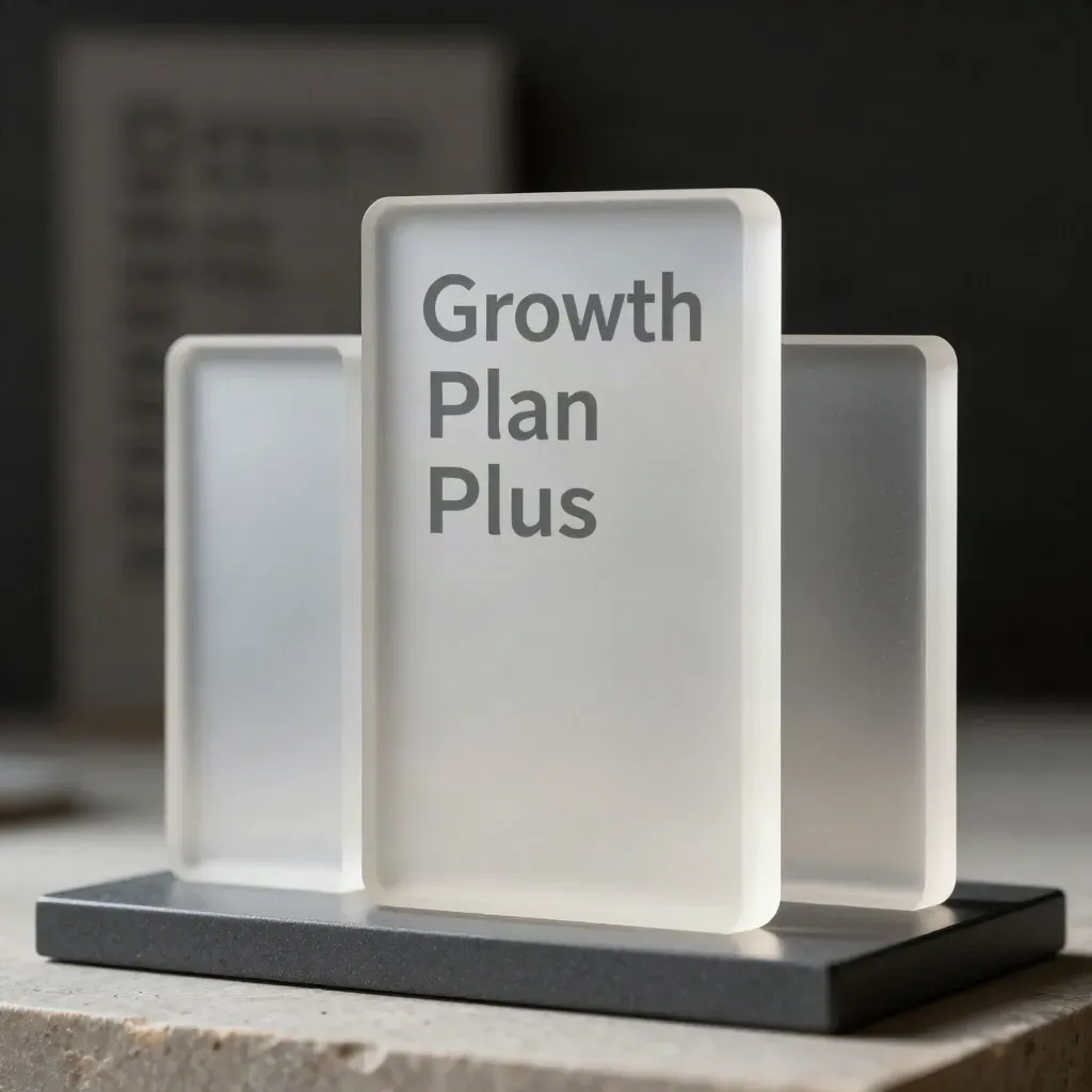 Frosted acrylic stack sculpture with three layered offer modules on a stone plinth.