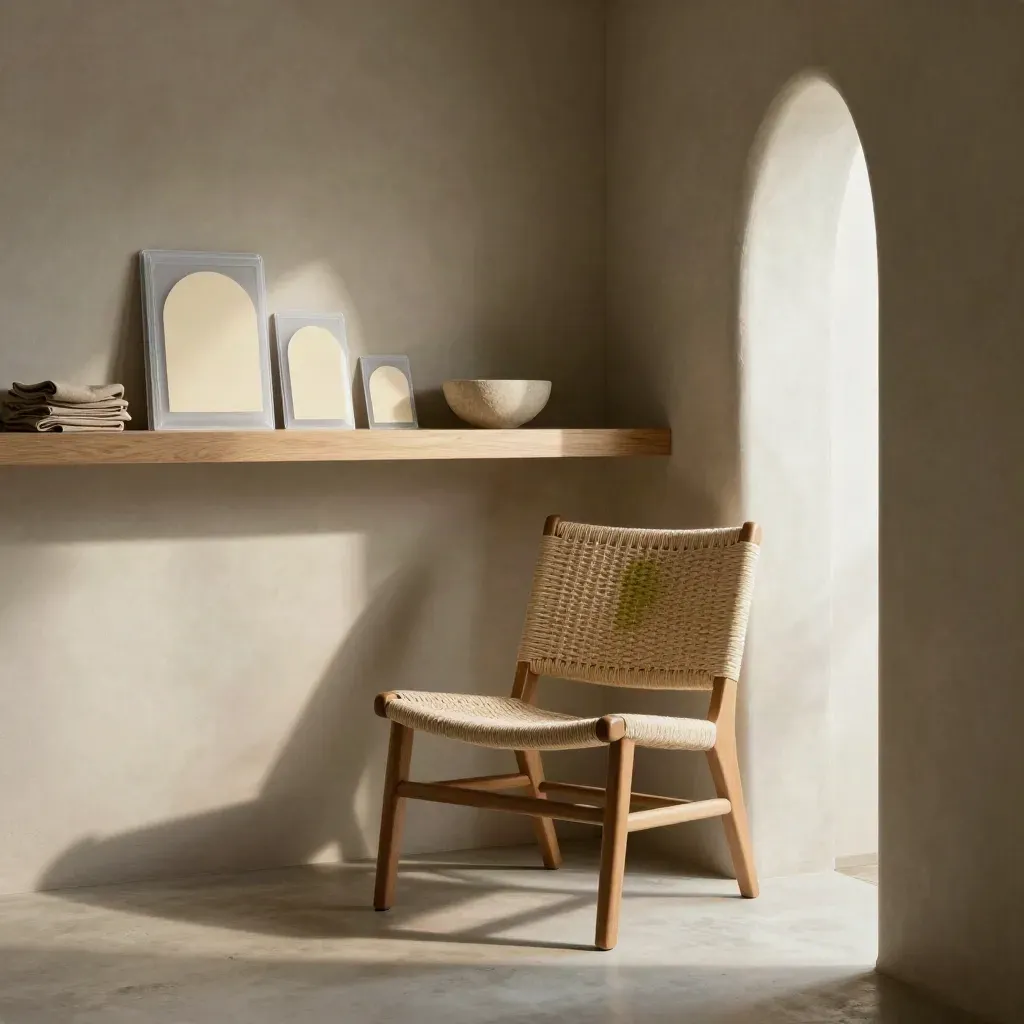 Warm plaster studio corner with woven chair, blank template cards and open floor for copy.