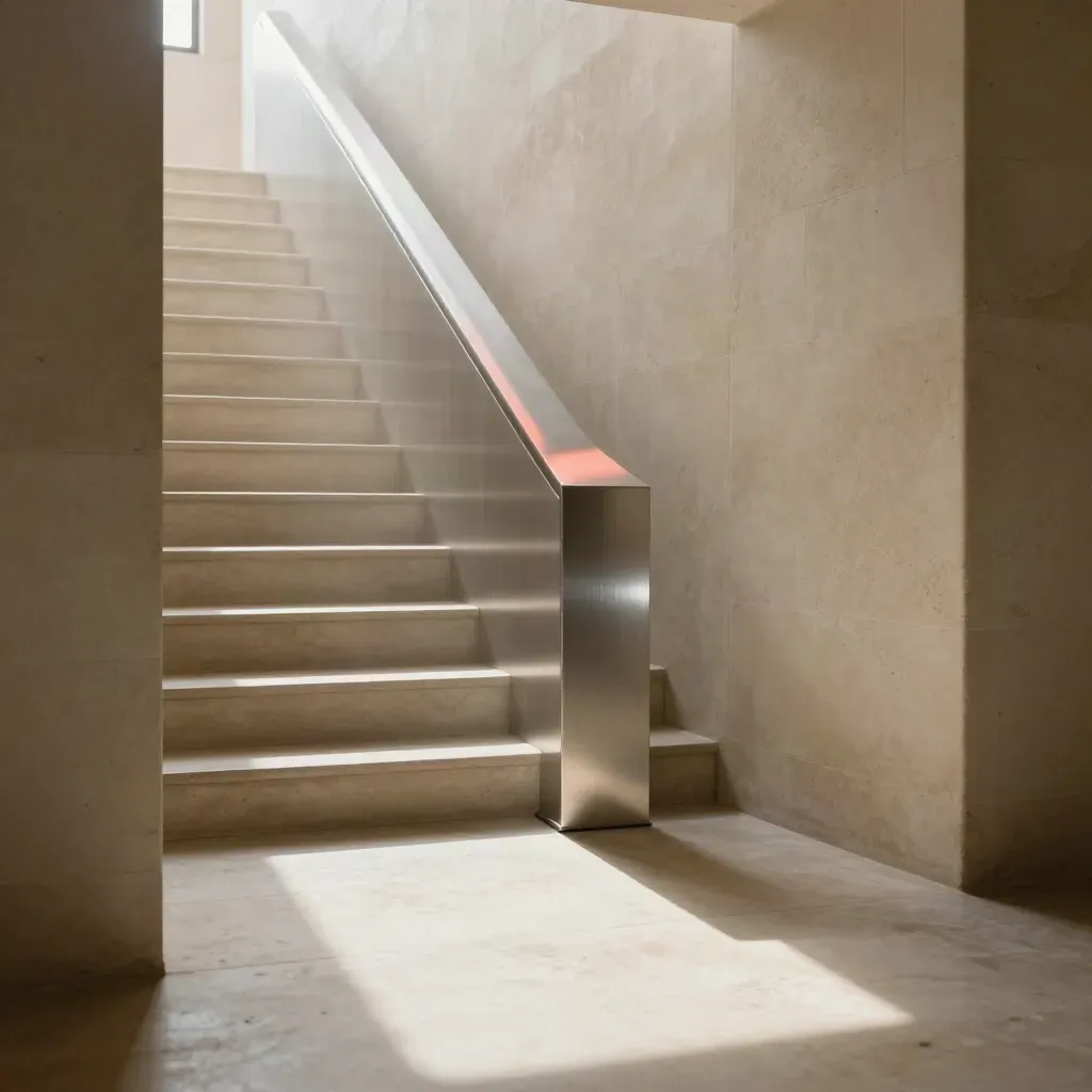 Sunlit limestone corridor with stair, metal pedestal, and calm empty floor space