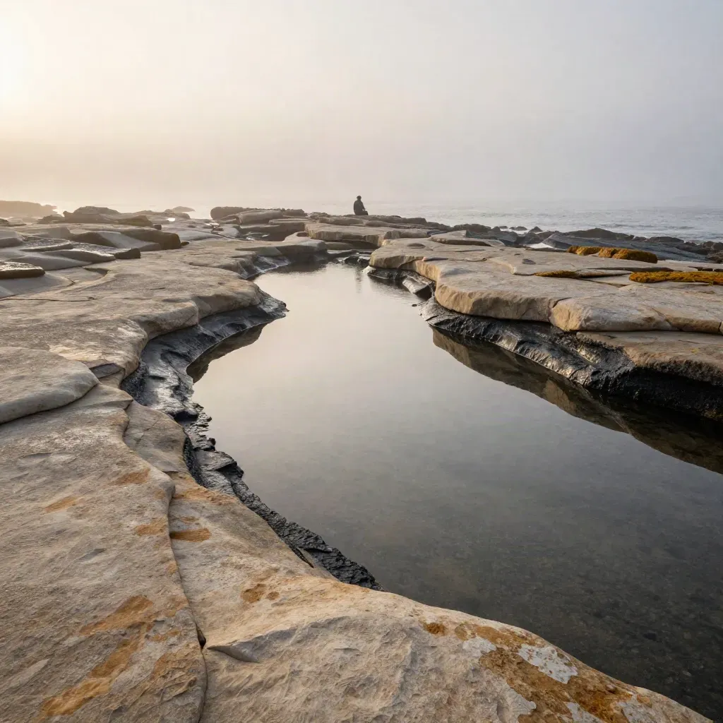 Misty coastal rock terraces with a reflective pool and calm foggy water at dawn