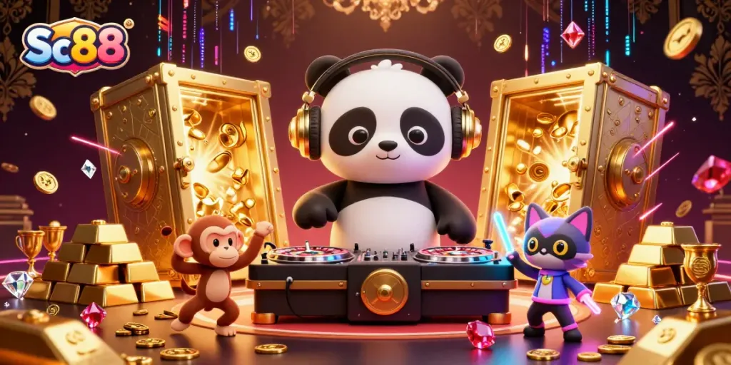 Experience the excitement of Sc88 with our DJ panda spinning on roulette wheels amidst dazzling casino elements.
