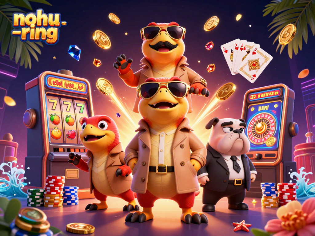Engage in thrilling nohu-ring gameplay with lucky slot reels and dazzling gems amidst vibrant casino ambiance.