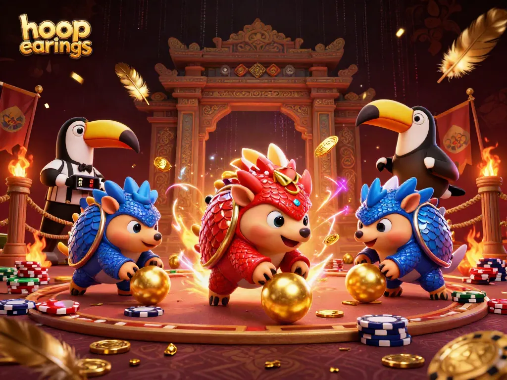 Exciting animation of hoop earrings-themed gambling scene with rival pangolins and casino elements.