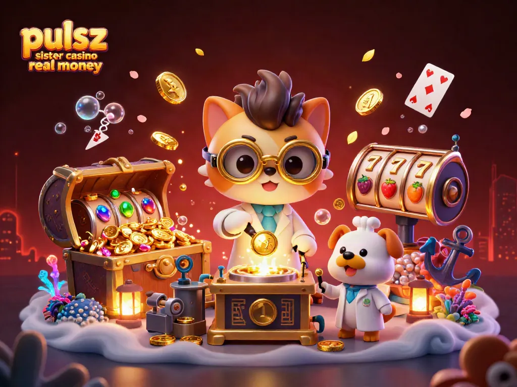 Pulsz sister casino real money themed 3D illustration showing a mad scientist cat and loyal dog creating coins, surrounded by casino elements.
