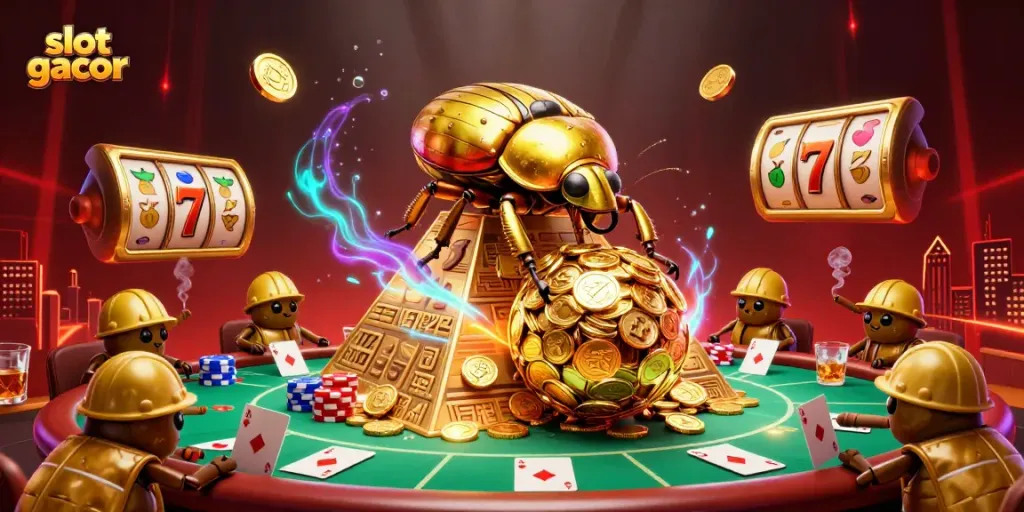 Experience slot gacor with a vivid scene of jackpot symbols and a golden dung beetle in action.