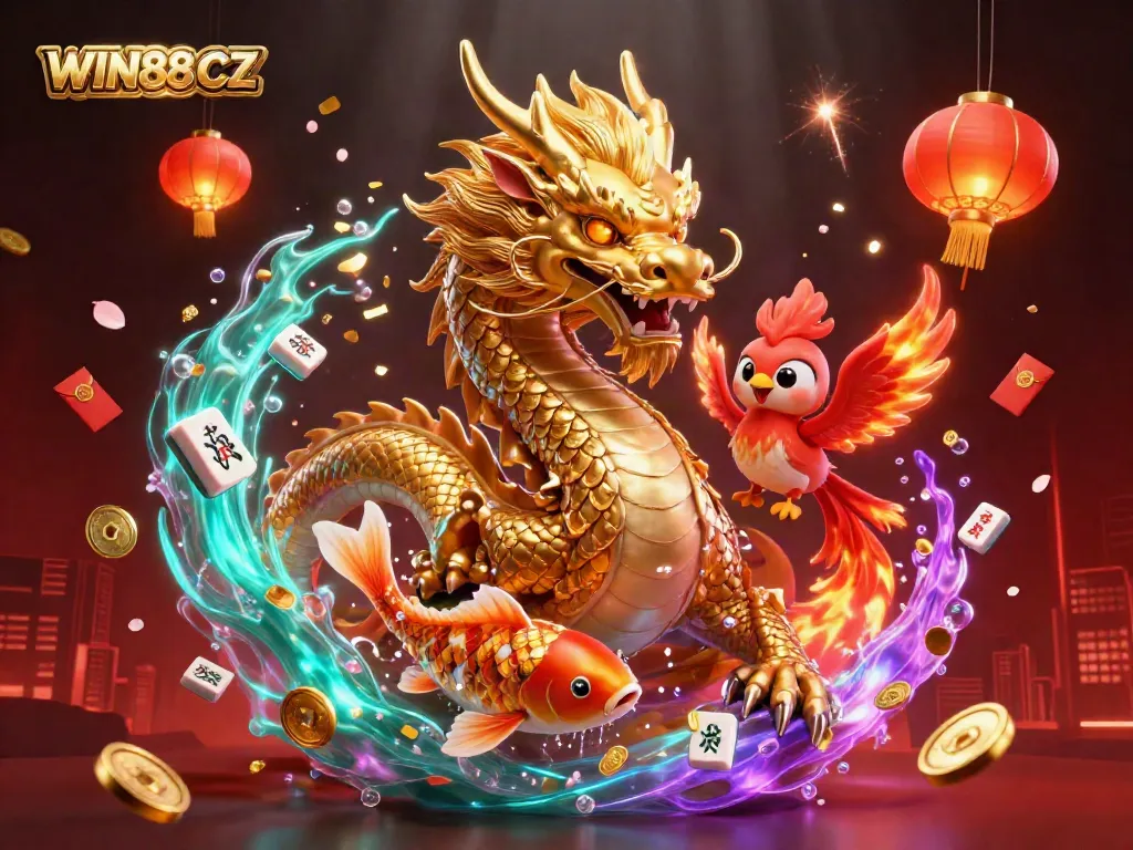 Experience the thrill of WIN88 CZ with a stunning 3D scene featuring a golden dragon, phoenix, and koi fish amidst a vibrant casino atmosphere.