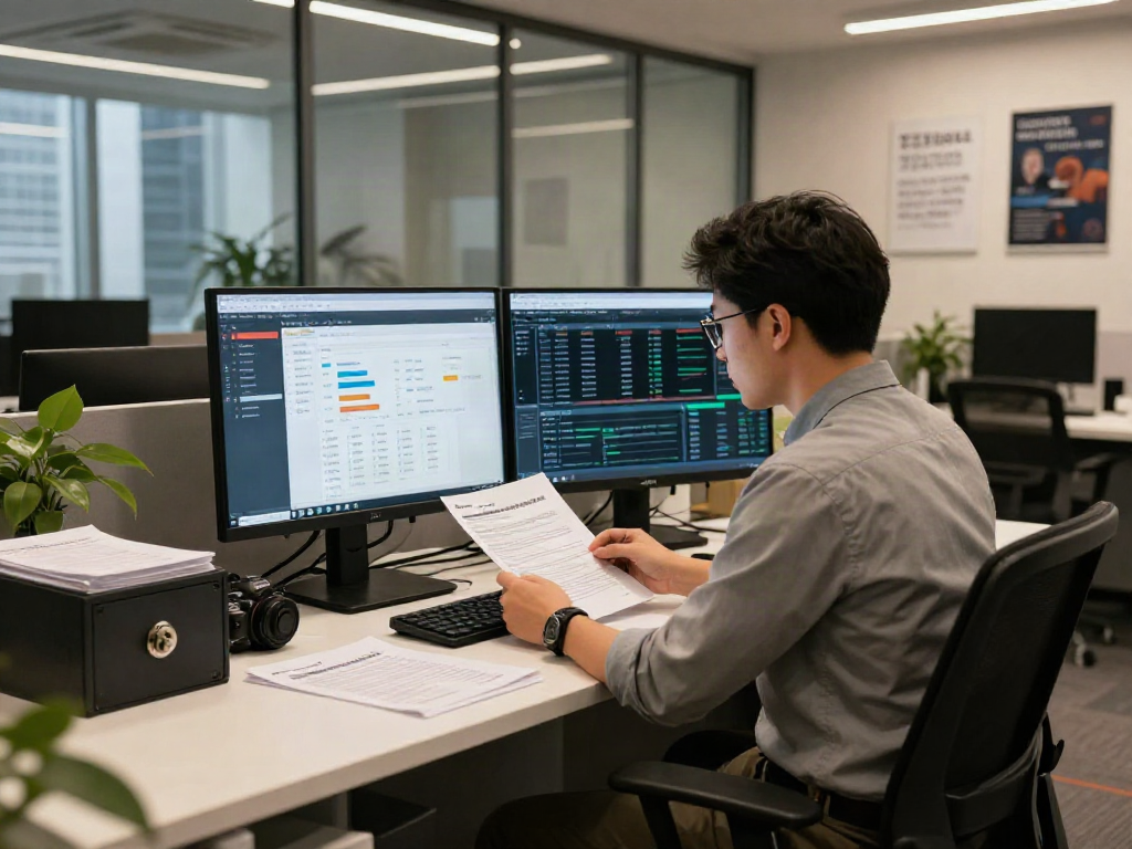 Document fraud detection software analysis in a professional office environment with real-time data visualizations.