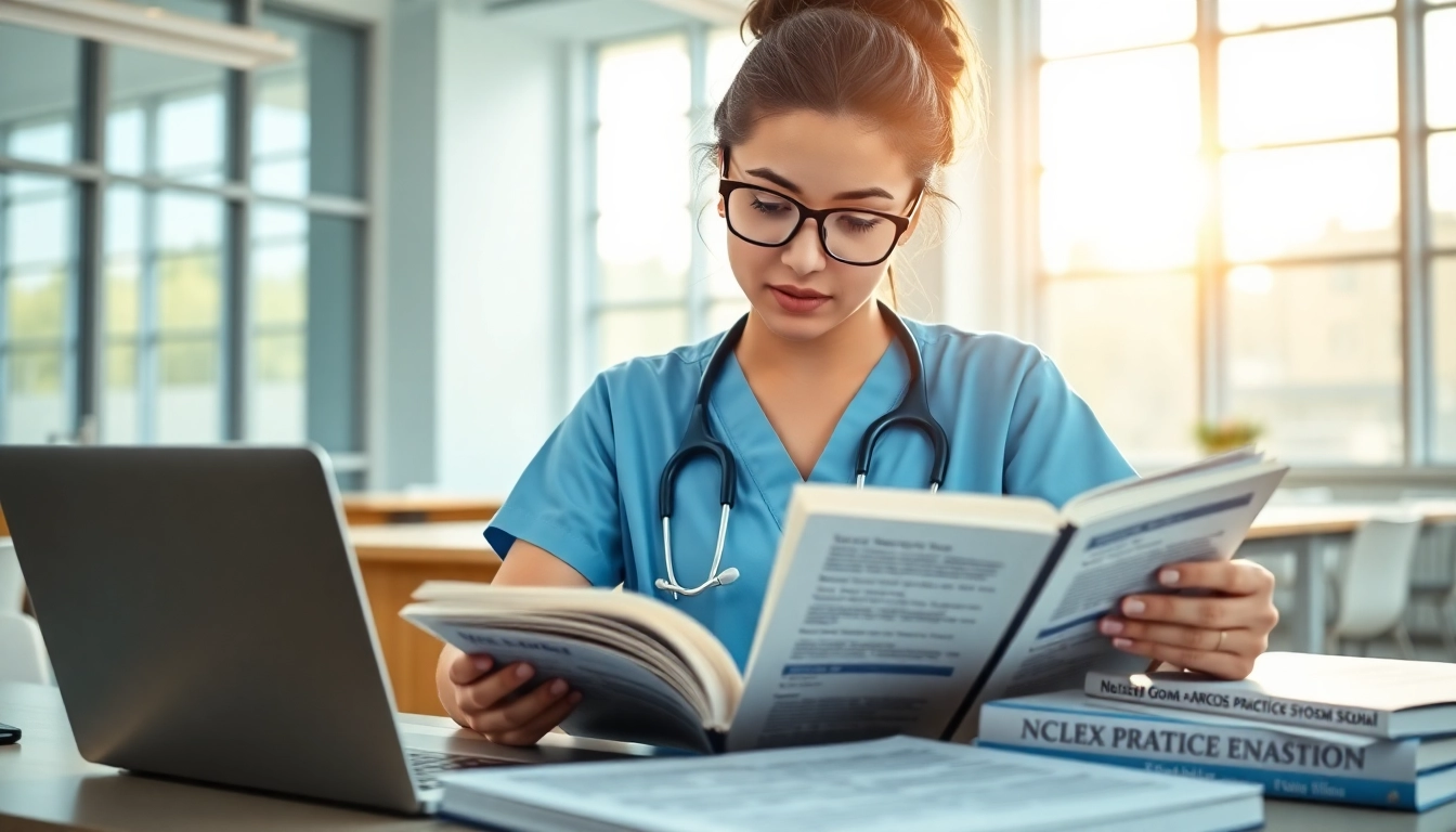 Engaged repeat NCLEX taker reviewing study materials in Houston to prepare for the exam.