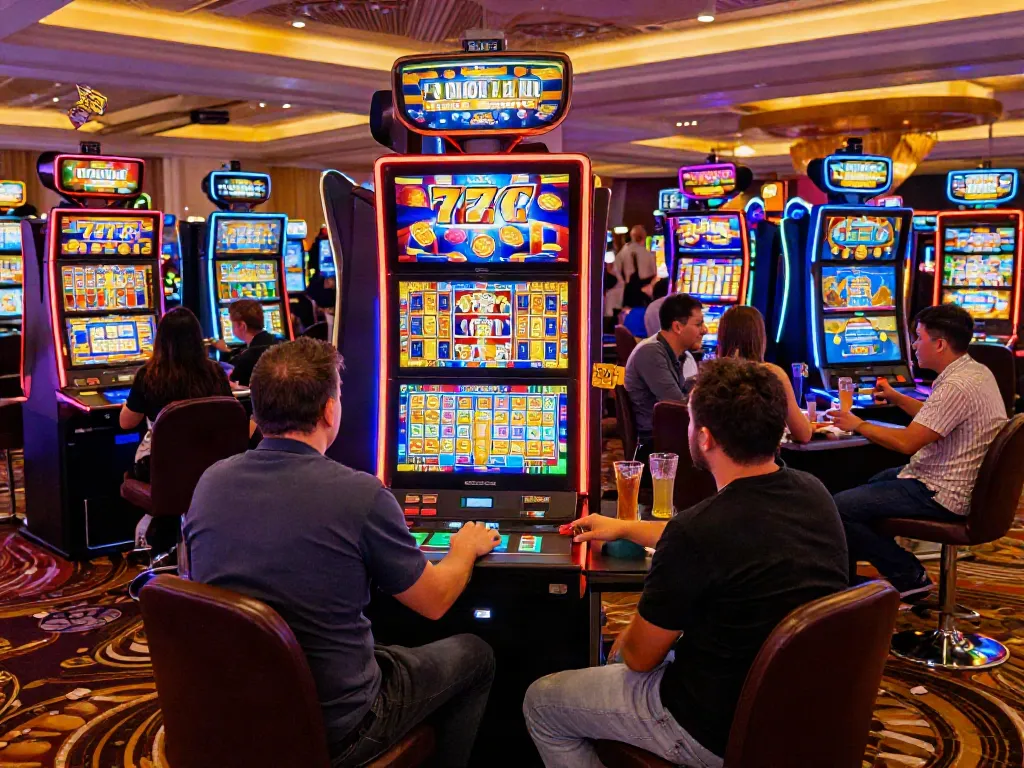 Exciting slot777 gaming area with diverse players enjoying vibrant machines and lively casino atmosphere.