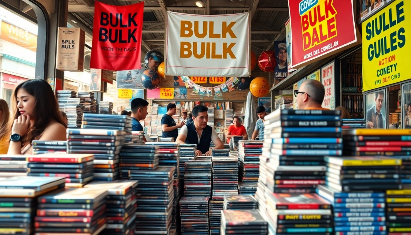 Browse a colorful assortment of bulk DVDs in a lively marketplace setting.