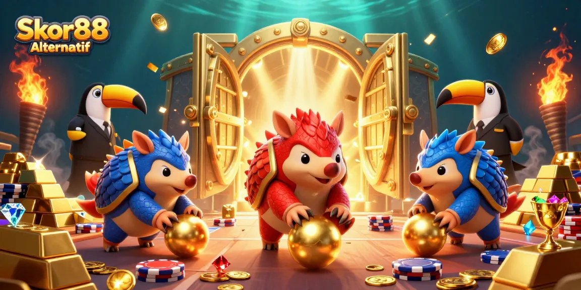 Experience thrilling gameplay with Skor88 Alternatif as pangolins bowl through poker chips in a creative casino scene.