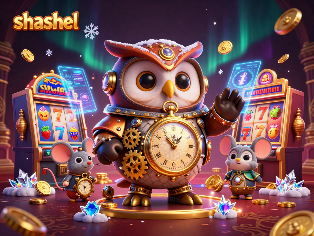 Engage with shashel’s vibrant casino adventure featuring a steampunk owl among dazzling slot machines.