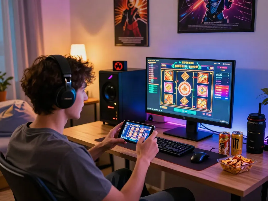 Pemain sedang bermain slot gacor di perangkat mobile dengan suasana gamer yang ceria.
