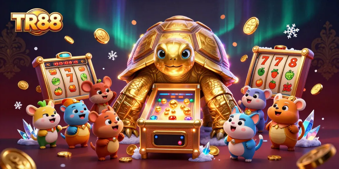 Spin the slots with TR88's colossal tortoise pinball machine and jackpot symbols in an exciting casino scene.