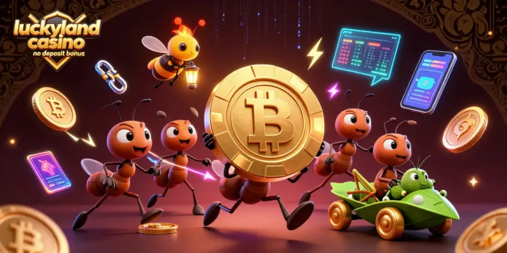 Claim your luckyland casino no deposit bonus with a dynamic scene of ants heisting a golden chip.