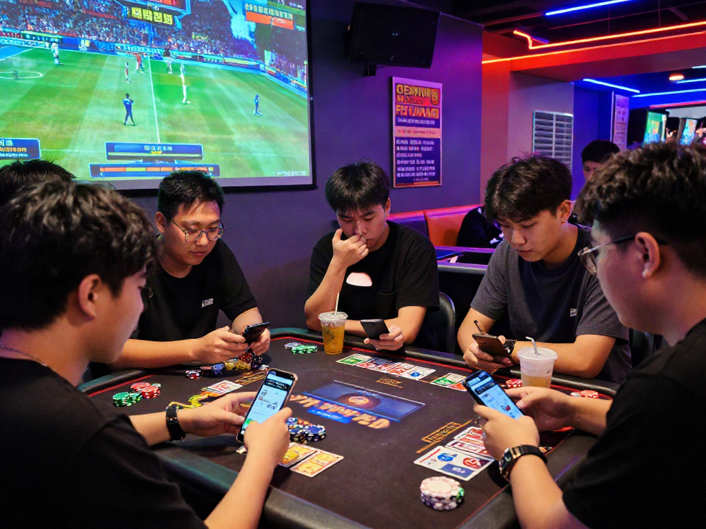 Participants engaging in 먹튀검증 discussions at a lively online gaming lounge, showcasing safety and excitement.