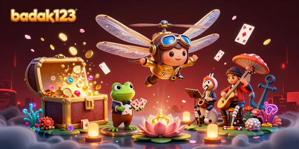 Gambarkan suasana permainan di badak123 dengan kasino lily pad, dealer frog dan musisi cricket yang atraktif.