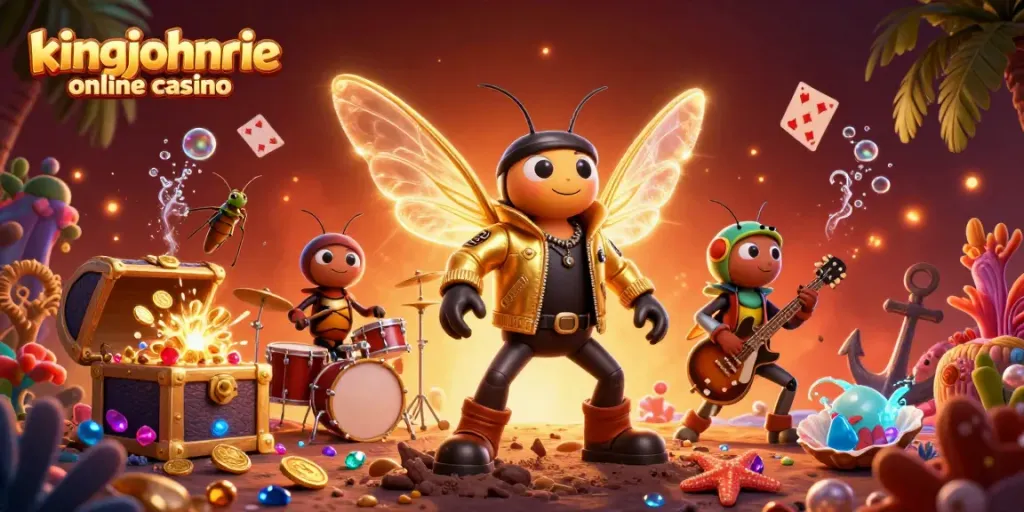 Experience the excitement at kingjohnnie online casino with vibrant cartoon characters in a dynamic gambling scene.