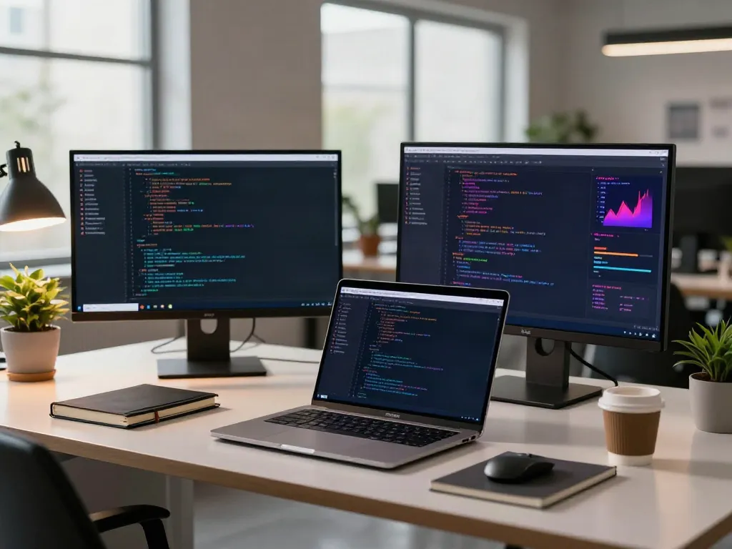 Developer using the brave浏览器 on a laptop in a modern workspace, surrounded by tech elements.