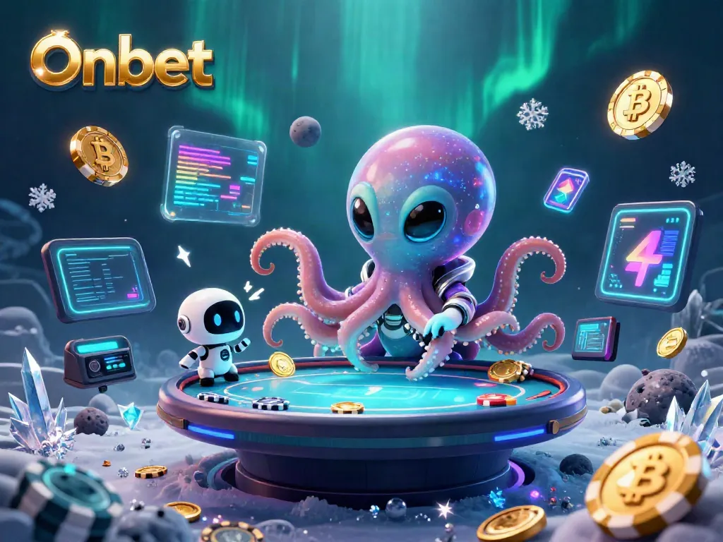 Onbet's vibrant 3D casino scene featuring an alien octopus and a tiny robot amid glowing crypto elements.