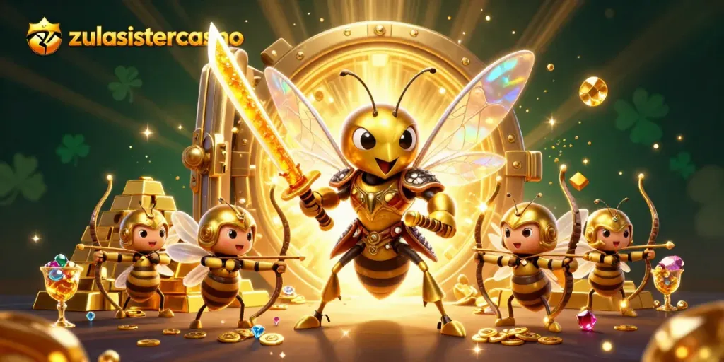 Experience zulasistercasino with vibrant illustrations of golden hornets, treasure vaults, and dynamic gaming elements.