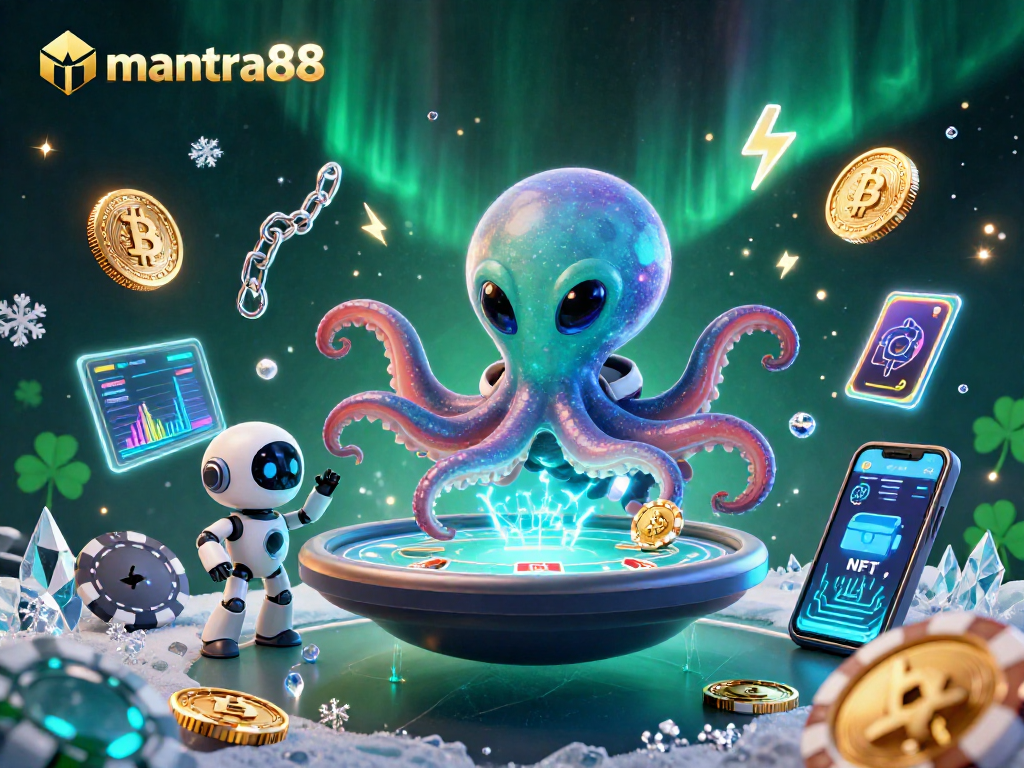 Experience mantra88's dynamic space-themed casino scene with an alien octopus and crypto elements.
