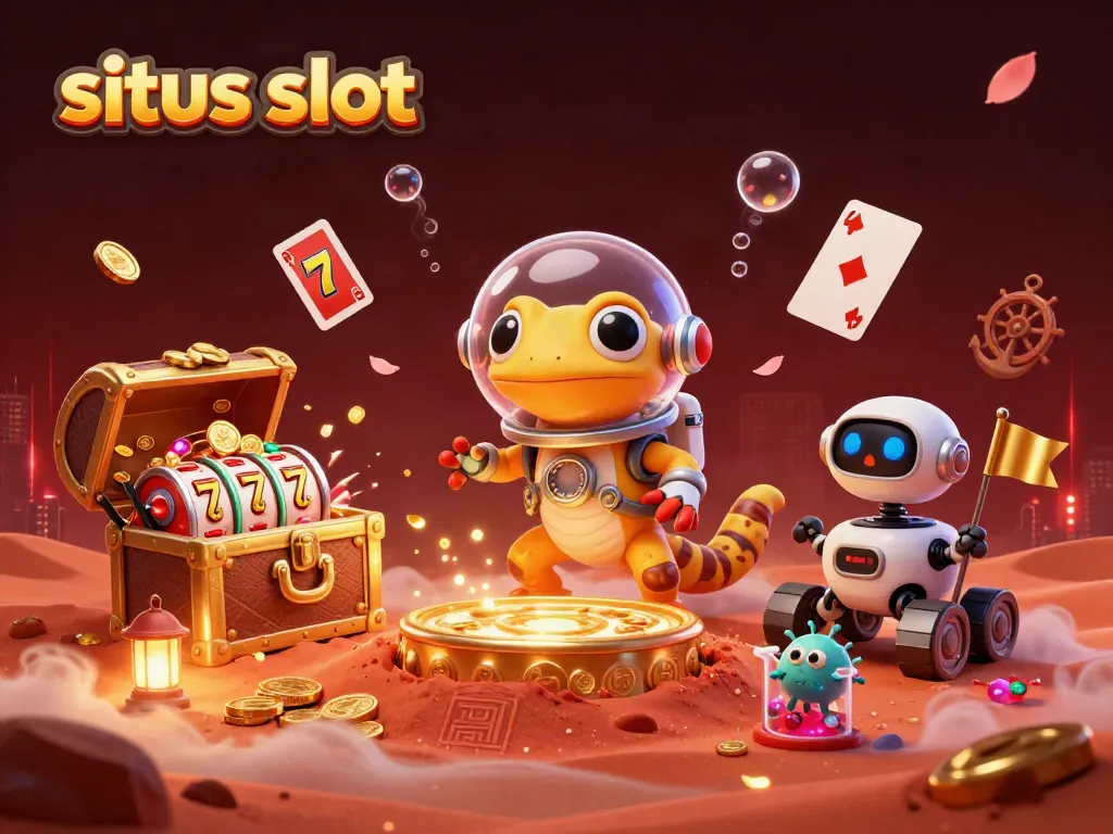 Menemukan situs slot dengan gecko Mars dan robot, dikelilingi harta karun kasino.