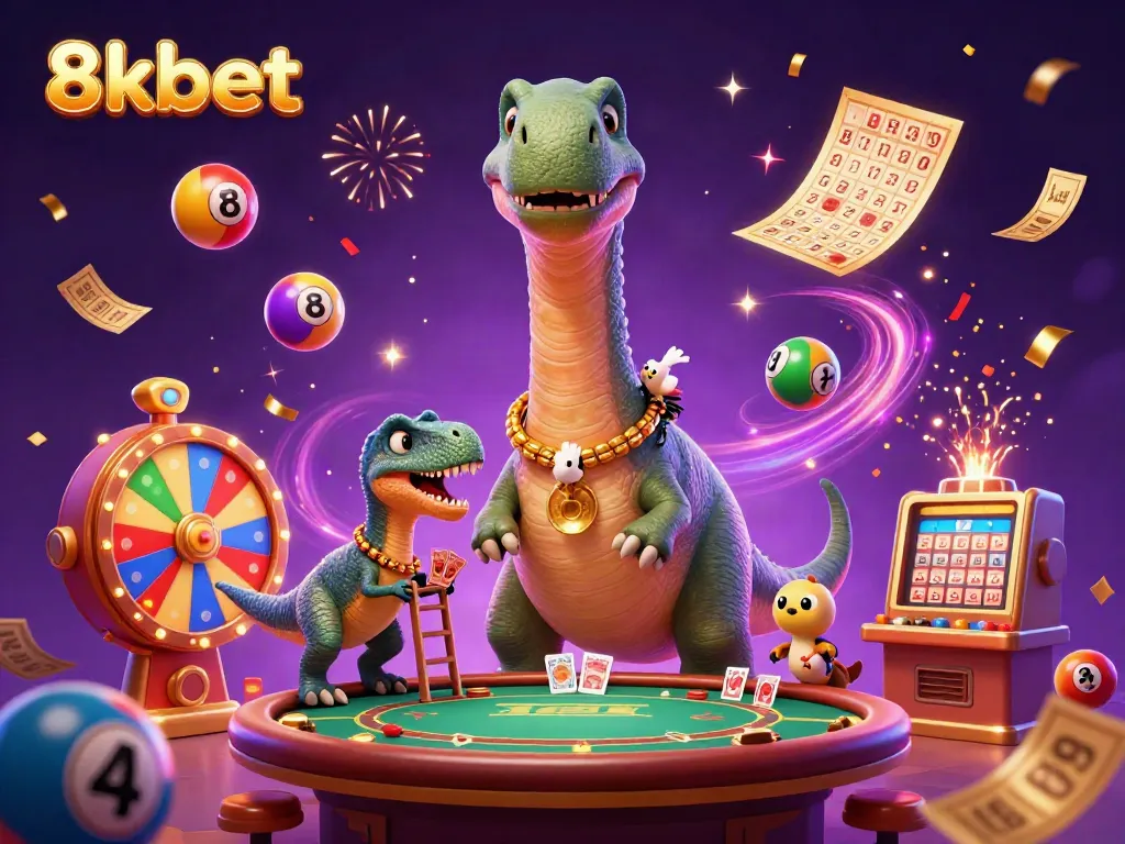 Join the fun at 8kbet, where a giant brontosaurus oversees a vibrant casino scene filled with colorful games!