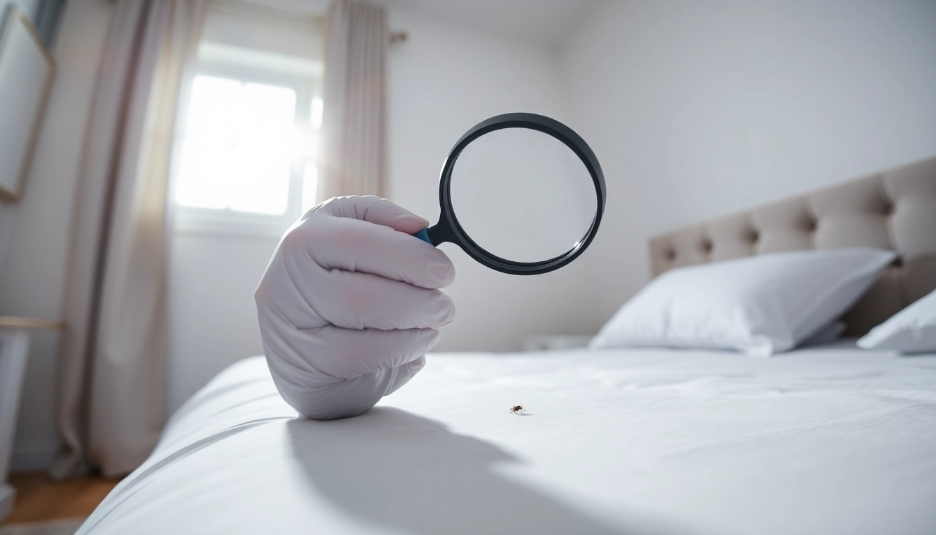 Examine bed bug treatment options with a professional technician inspecting for infestations.