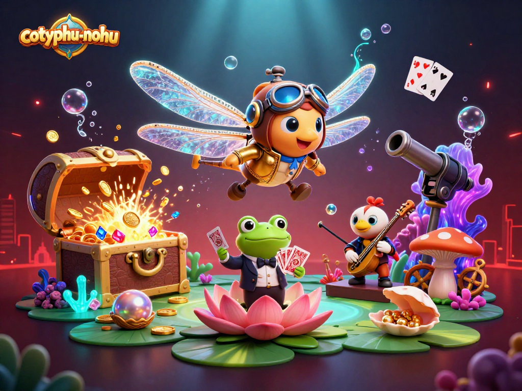 Cotyphu-nohu game illustration featuring a dragonfly pilot, frog croupier, and jazzy crickets for an exciting casino experience
