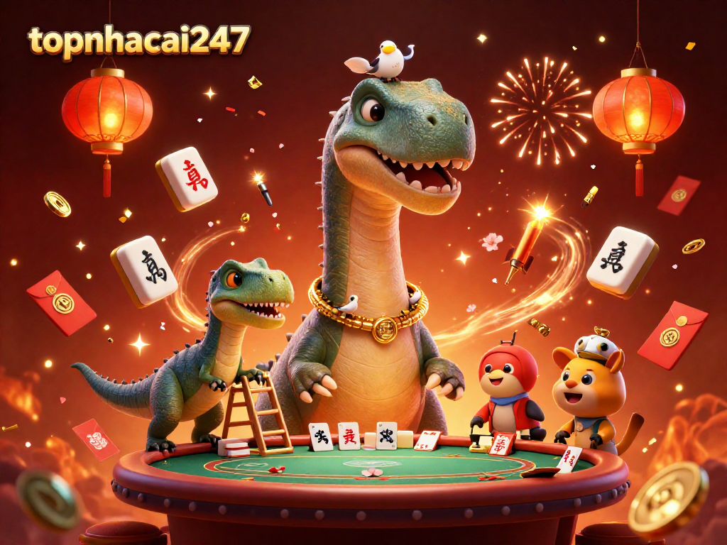 Engage in thrilling action at topnhacai247 with a dynamic casino scene featuring a towering brontosaurus and clever raptor.