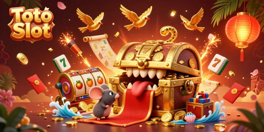Menangkan keuntungannya dengan Tawaran Menarik di Toto Slot, dipenuhi simbol keberuntungan dan elemen kasino.