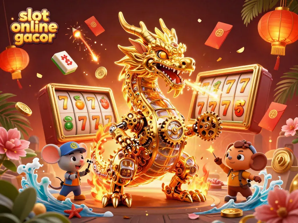 Experience thrilling action with slot online gacor in this vibrant 3D illustration featuring a golden dragon.