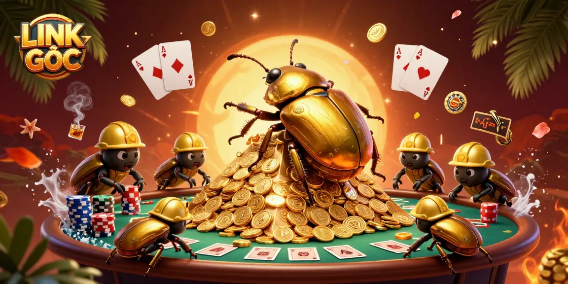 Experience LINK GỐC with a golden dung beetle and casino elements in an action-packed scene.