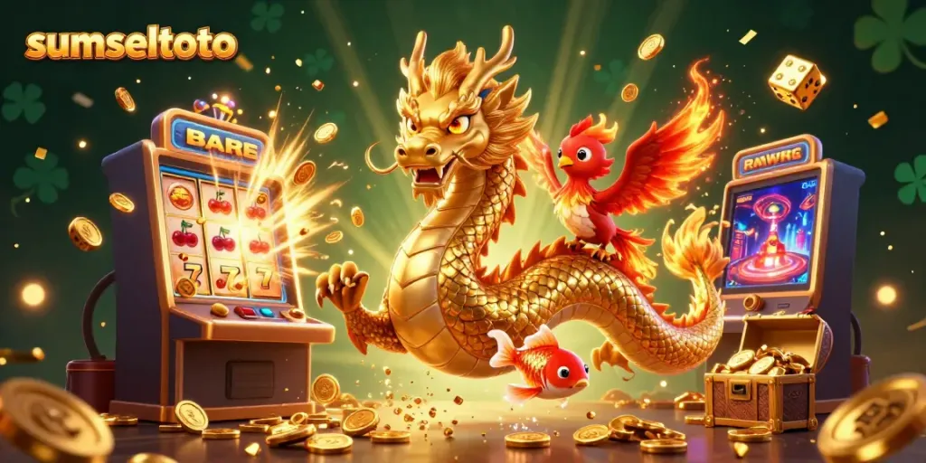 Engage in the thrilling world of sumseltoto with a dynamic scene featuring a golden dragon and symbol-rich casino elements.