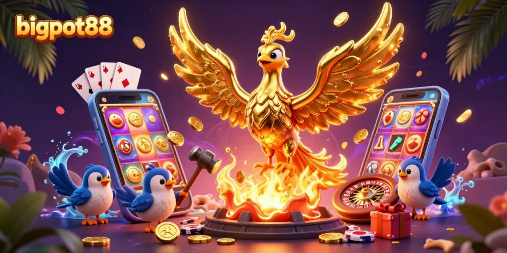 Permainan bigpot88 yang menarik dengan karakter burung phoenix emas dan elemen kasino yang memukau.