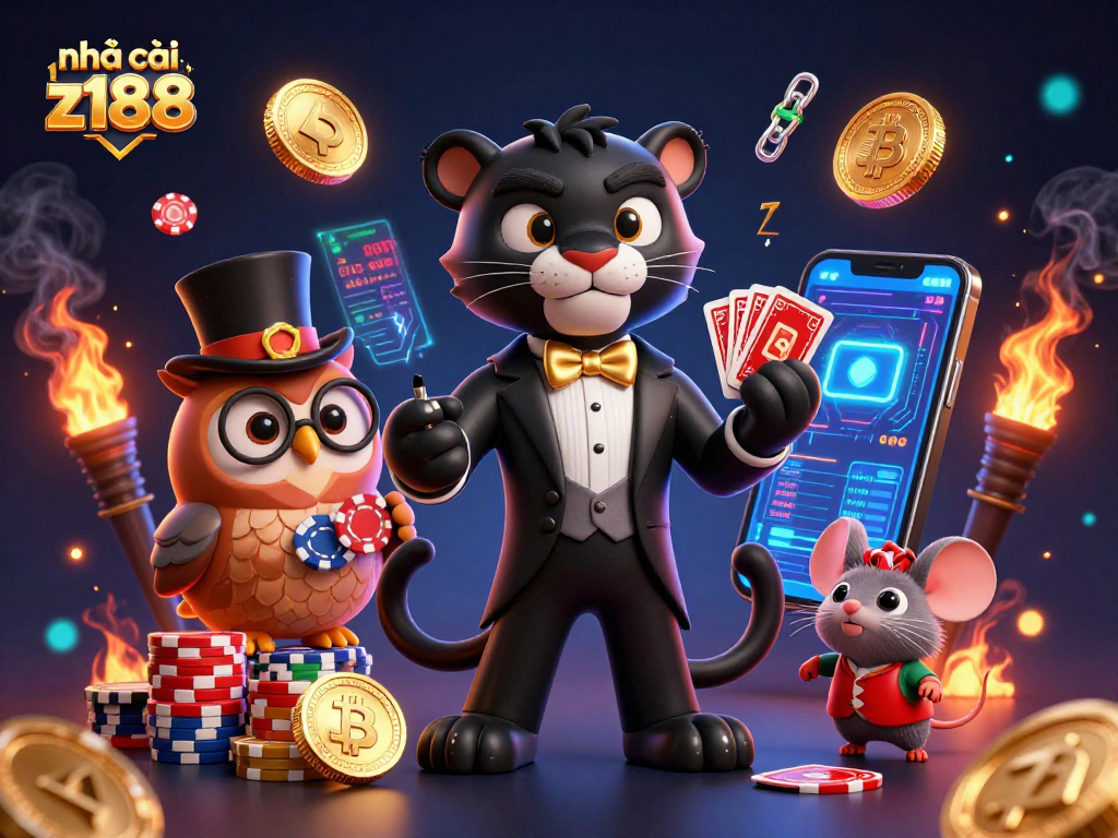 Experience exciting gameplay at nhà cái z188 with a dynamic scene of a stylish panther dealer, owl, and lucky mouse.