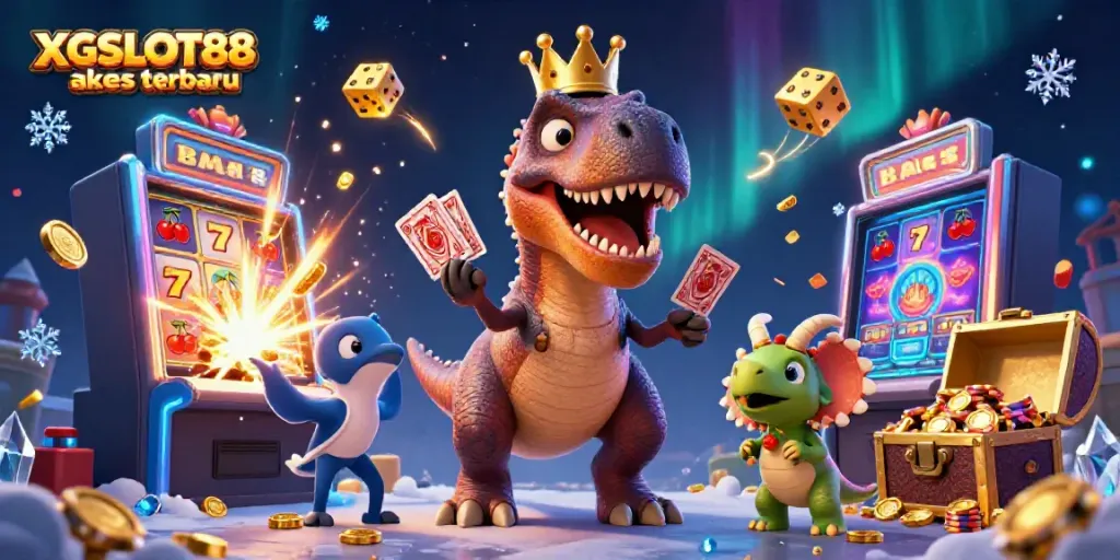 Gambarlah XGSLOT88 akses terbaru dengan karakter kartun dinosaur yang menarik dan mesin slot meledak dengan koin emas