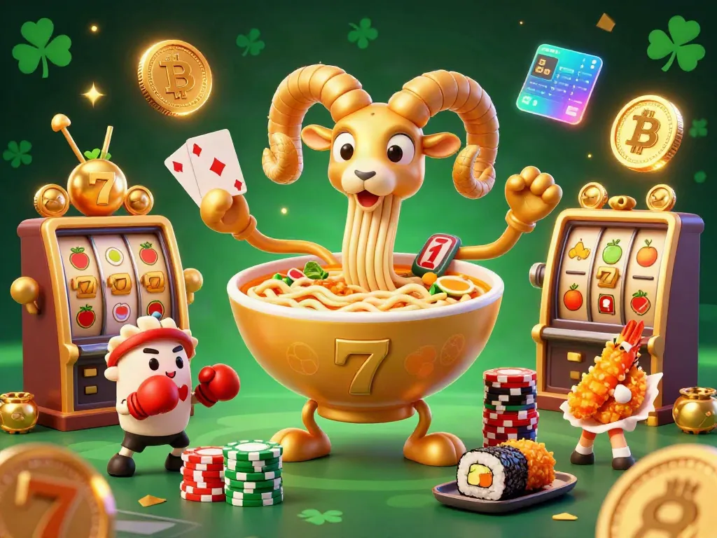 Meraih kemenangan di situs slot dengan mesin slot dan simbol keberuntungan mengelilingi karakter kartun yang ceria.