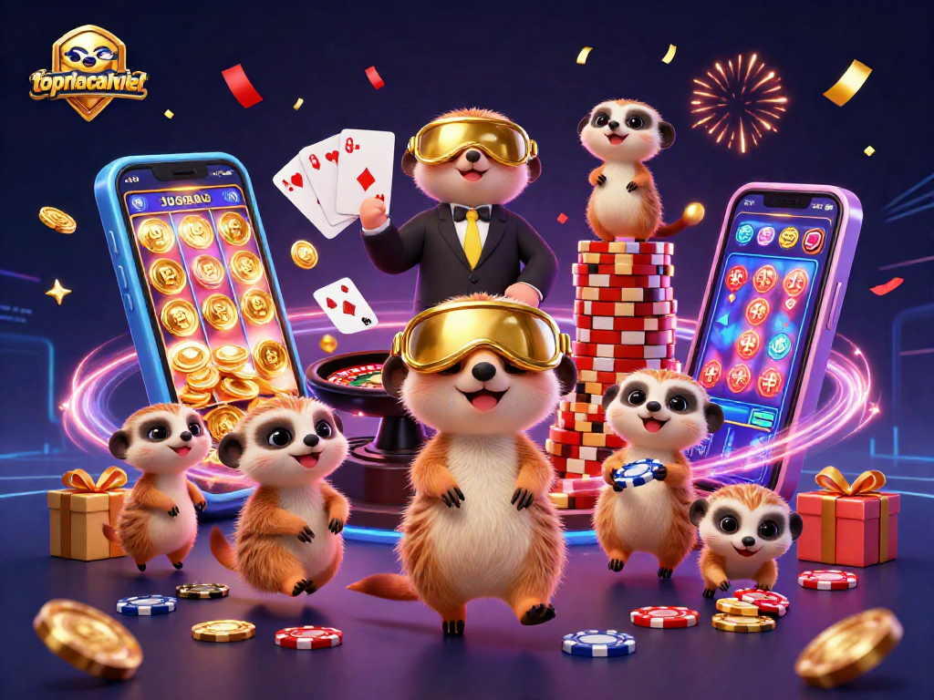 Experience thrilling gameplay at topnhacaiviet with busy meerkats running a casino, surrounded by gaming excitement.