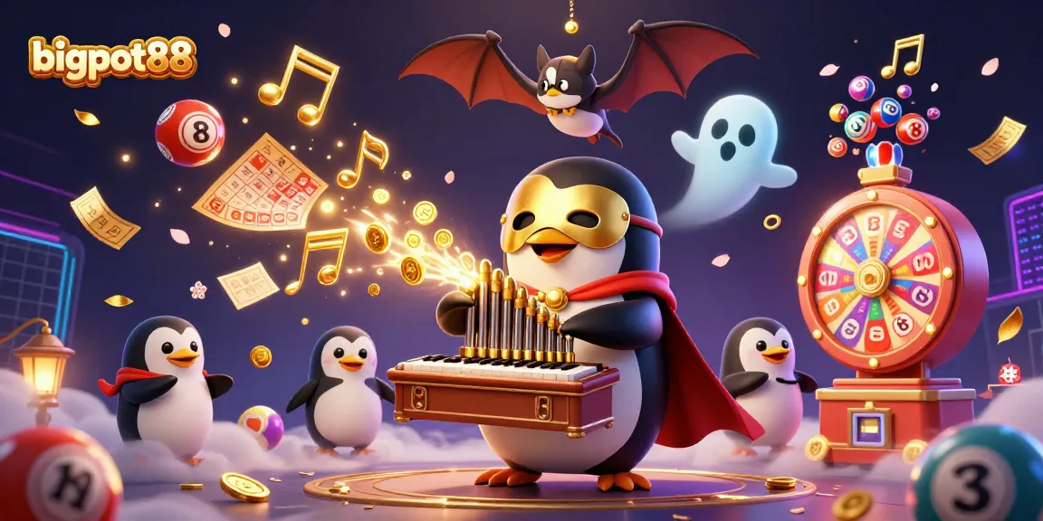 Experience bigpot88 excitement with a penguin character playing an organ shooting coins amidst a vibrant casino scene.