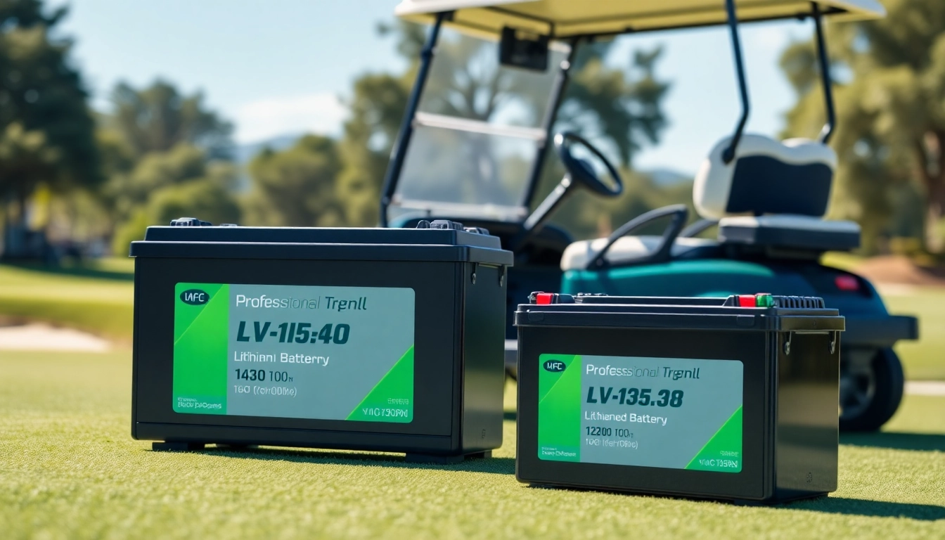 Discover advanced lithium golf cart batteries displayed on a golf course with sleek design and innovative features.