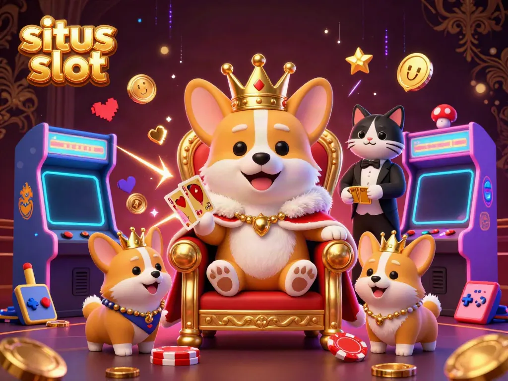 Menggoda taruhan di situs slot dengan corgi kerajaan, mesin game berwarna-warni, dan efek neon yang memukau.