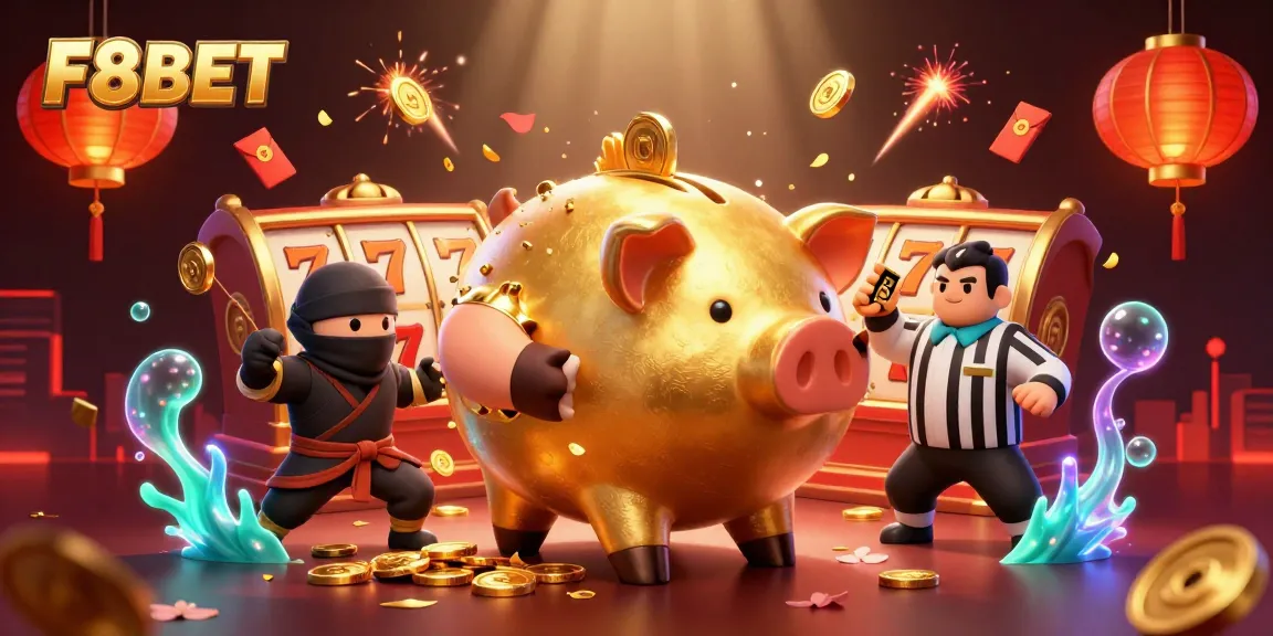Win big with F8BET's dynamic gaming scene featuring lively characters and rich casino elements.