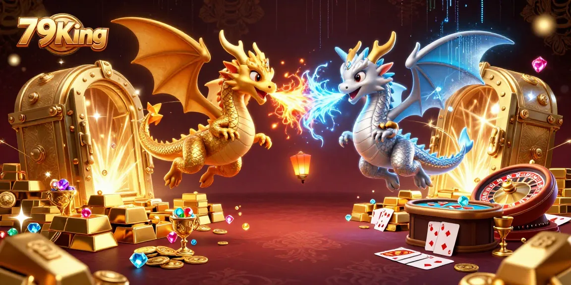 Spin the reels and win at 79King with vibrant casino elements and 3D dragons.