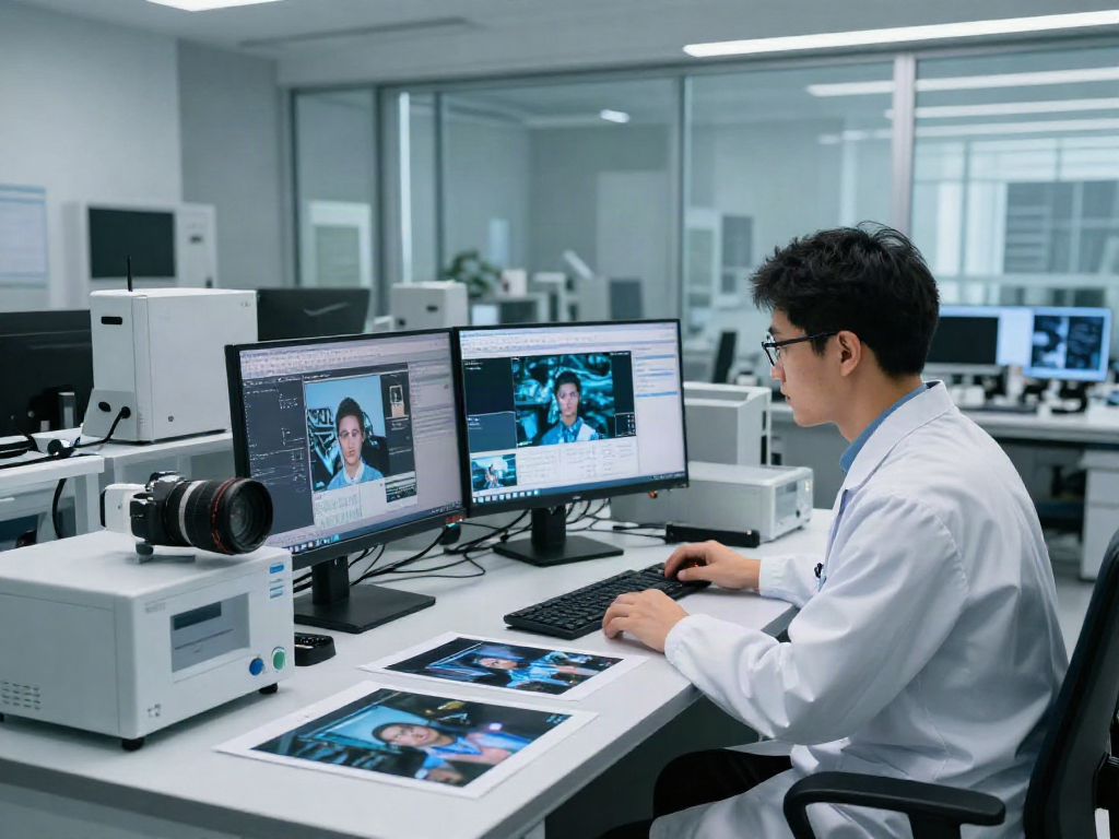 AI Image Detector used by forensic analyst in a high-tech lab, inspecting image authenticity.