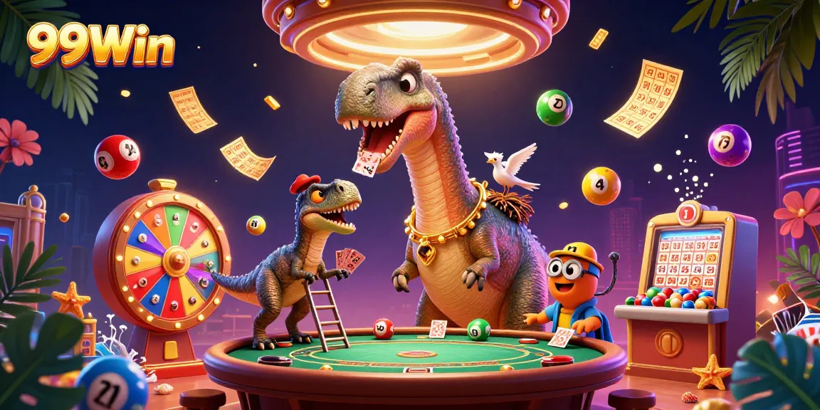Join the fun at 99Win with a whimsical casino scene featuring characters and gaming elements.