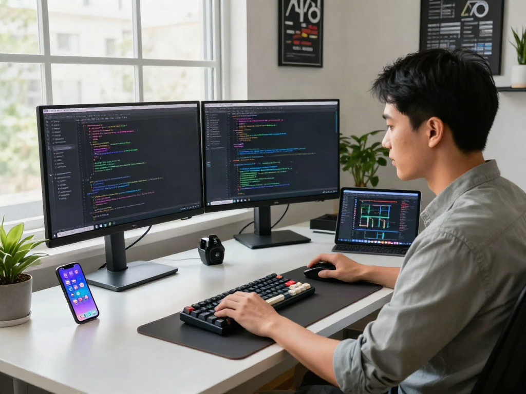 快连电脑版在现代工作空间中，软件开发者专注于双屏幕编程，展示复杂的代码和自然采光。