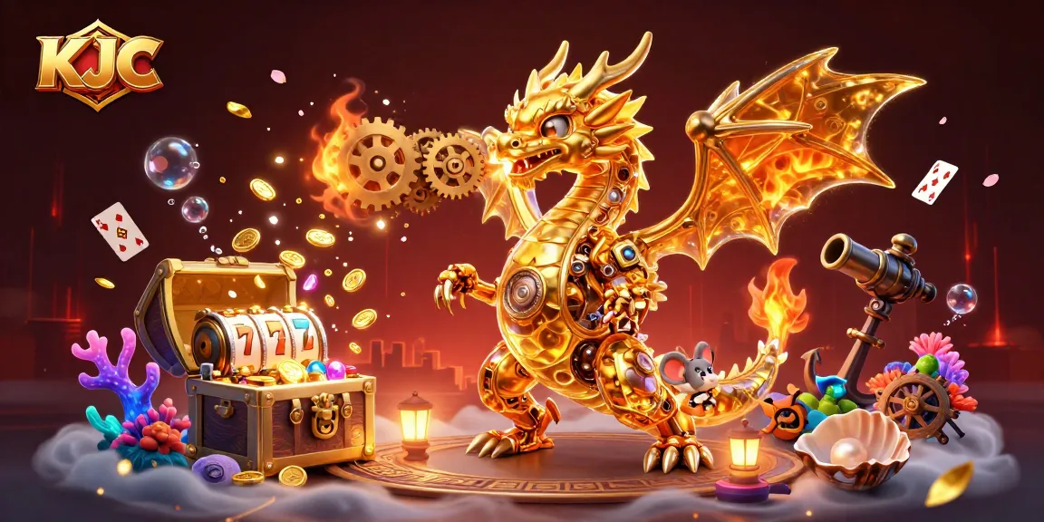 KJC offers a vibrant casino experience with a golden dragon and dynamic game elements in a colorful 3D illustration.
